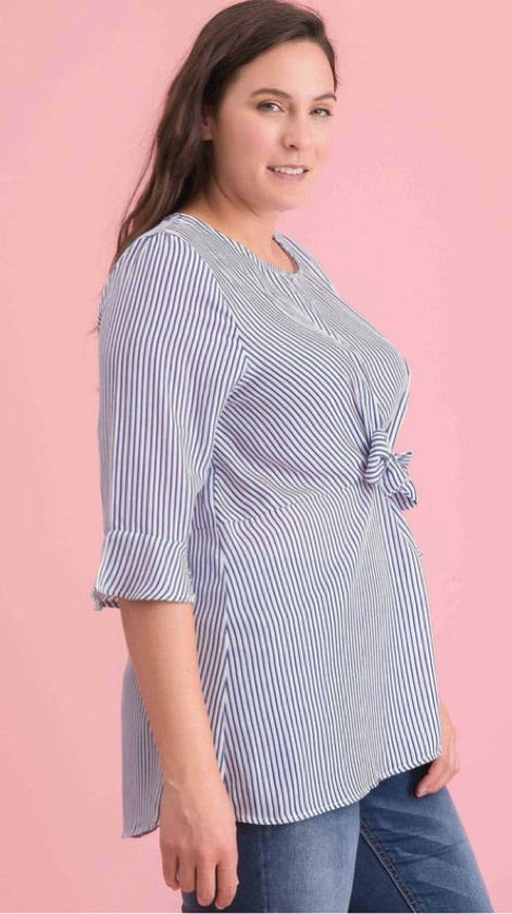 Plus Size Knot Front Blue Striped Blouse - KXT3491EY