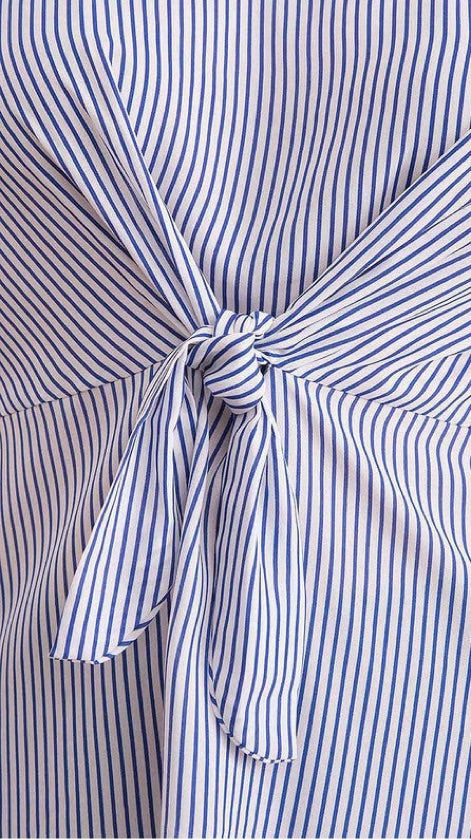Plus Size Knot Front Blue Striped Blouse - KXT3491EY