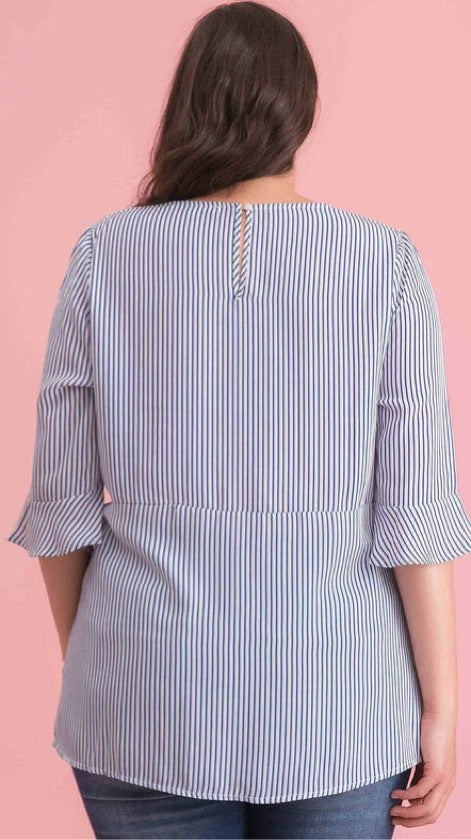 Plus Size Knot Front Blue Striped Blouse - KXT3491EY