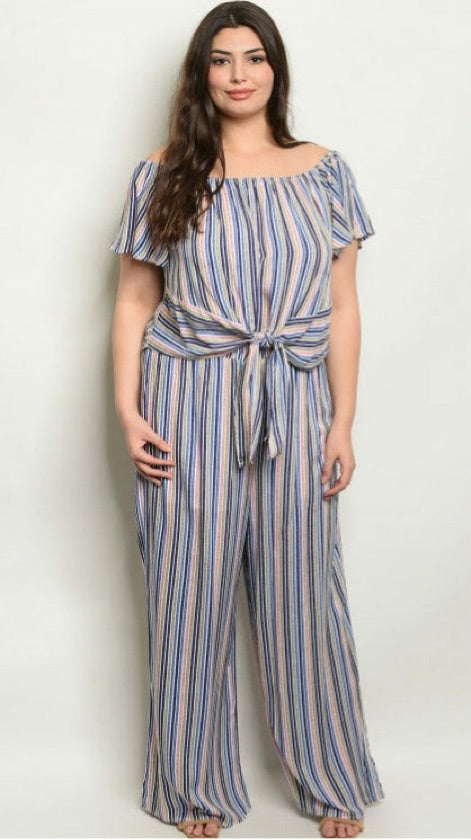 Plus Size Blue Striped Matching Pant Set - FL19F851