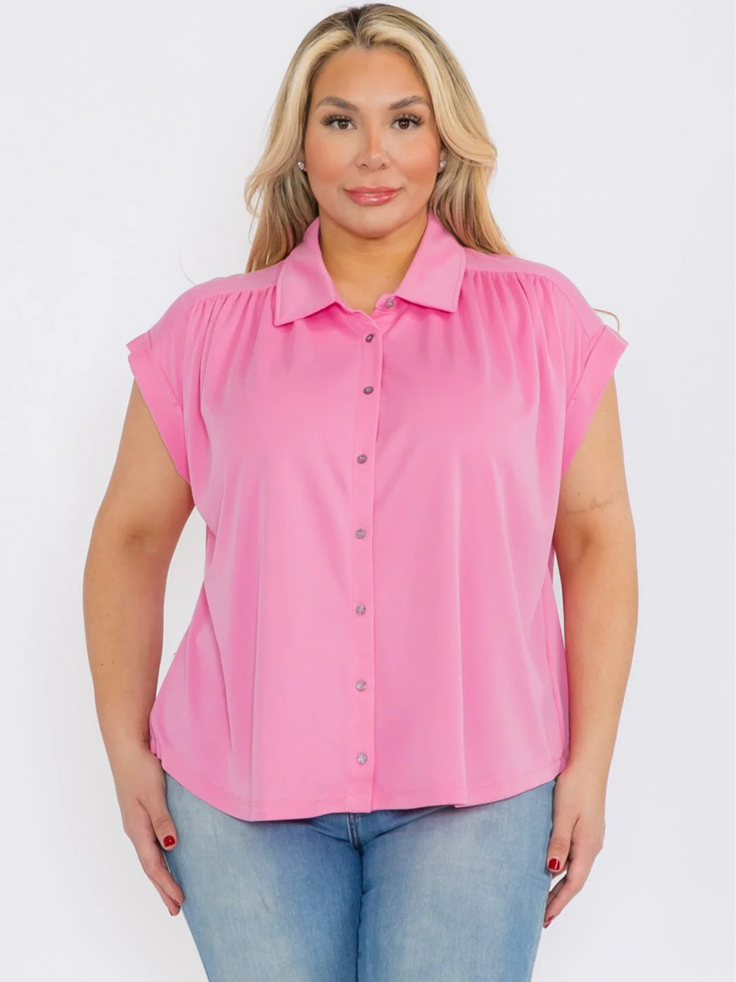 Plus Size Pink Button Up Blouse - PTC12582SA
