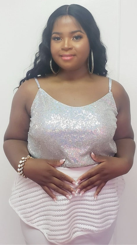 Plus Size Festive Silver Sequin Holiday Cami Top - XT24538