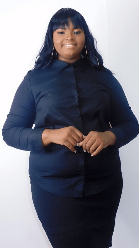 Plus Size Black Button Down Long Sleeve Shirt - GT-046X