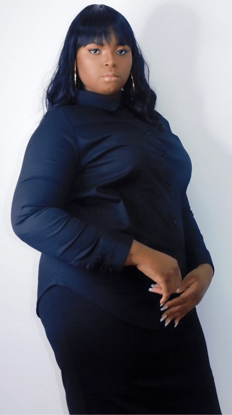 Plus Size Black Button Down Long Sleeve Shirt - GT-046X