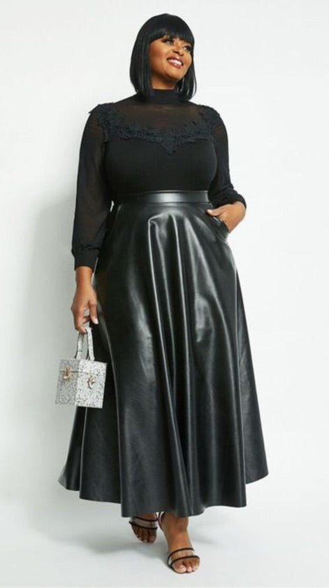 Plus Size Black Leather Maxi Skirt - 1430