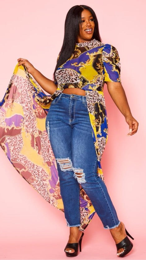 Plus Size Multi Print High Low Blue Top - 2731