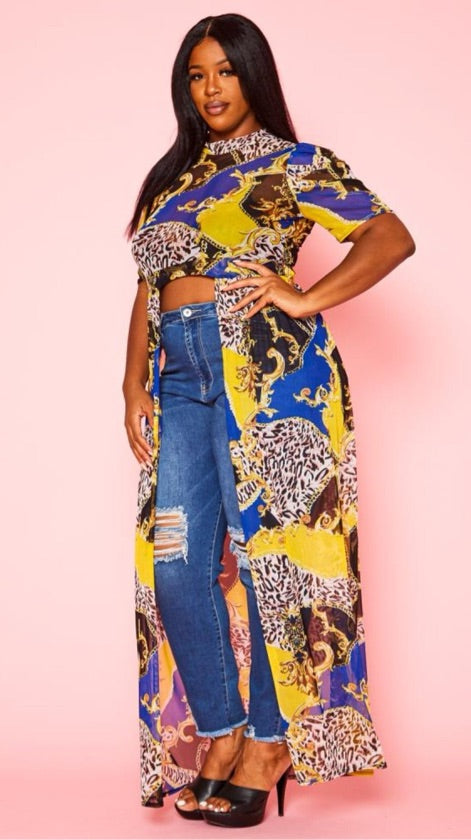 Plus Size Multi Print High Low Blue Top - 2731