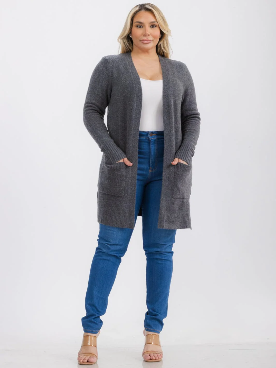 Plus Size Long Sleeve Charcoal Cardigan Sweater - NK2640