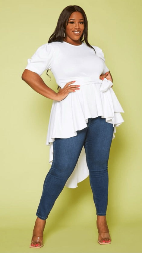 Plus Size White High-Low Statement Blouse - PLD001