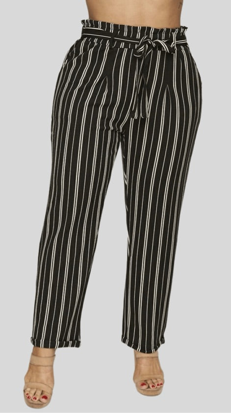 Plus Size Stretchy Black Striped Pants - 1044