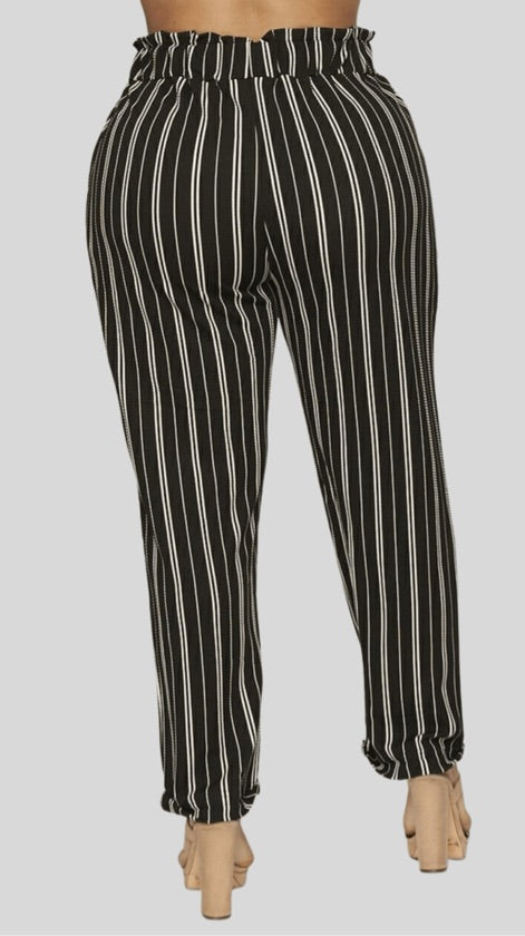 Plus Size Stretchy Black Striped Pants - 1044