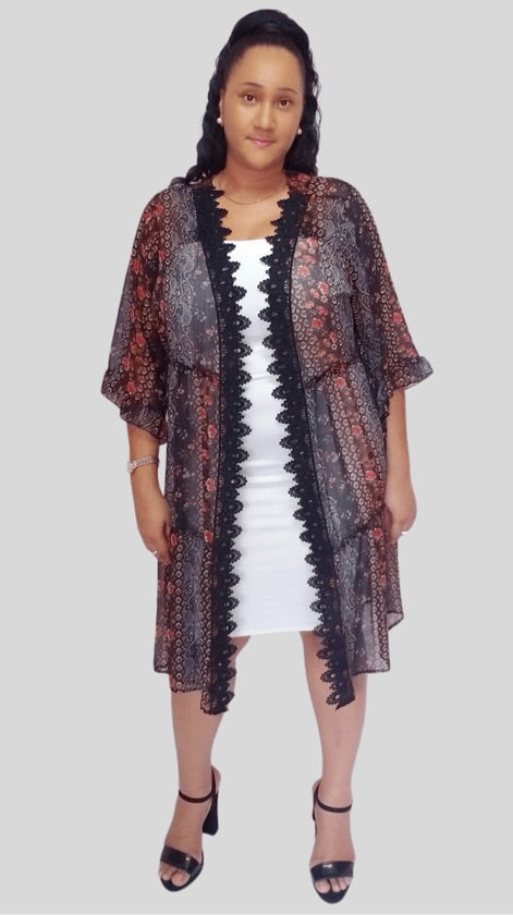 Plus Size Floral Lace Trim Kimono - 52469
