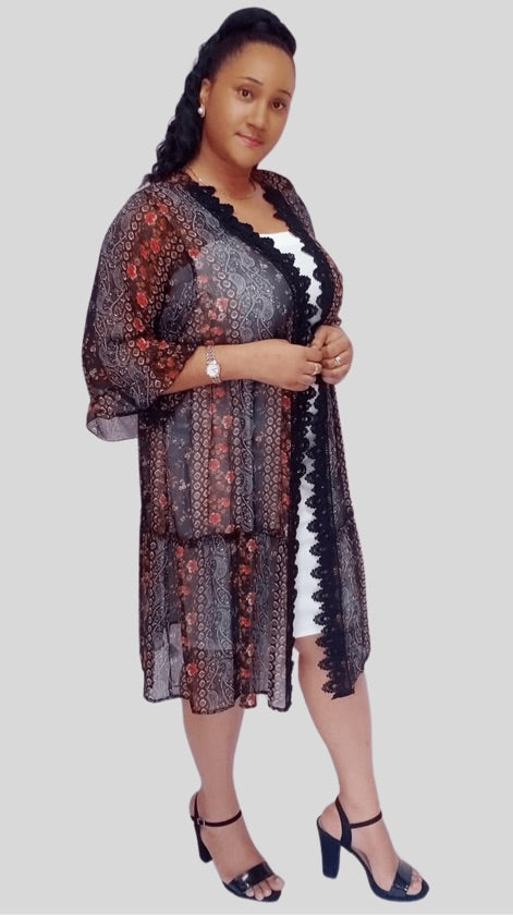 Plus Size Floral Lace Trim Kimono - 52469