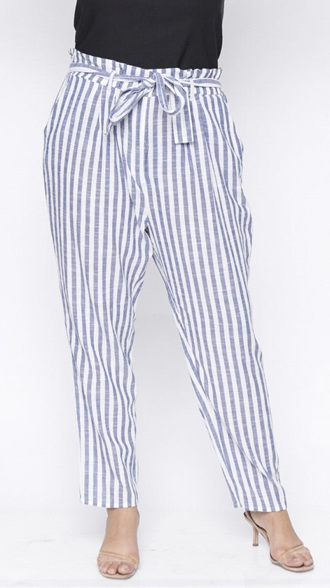 Plus Size Blue And White Striped Belted Pants - 69654