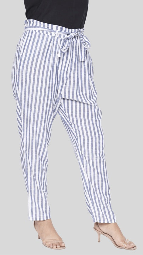 Plus Size Blue And White Striped Belted Pants - 69654