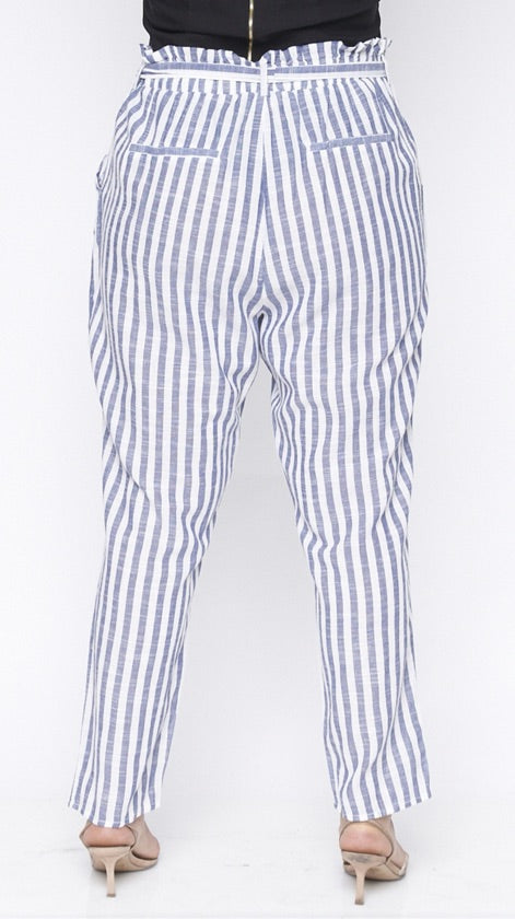 Plus Size Blue And White Striped Belted Pants - 69654