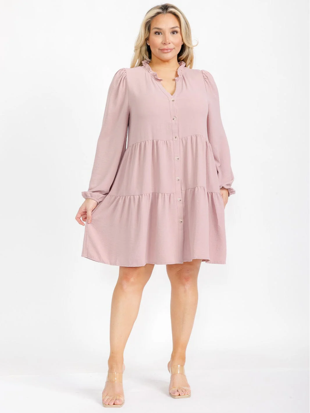 Plus Size Tiered Mauve Long Sleeve Tunic Dress - H42935