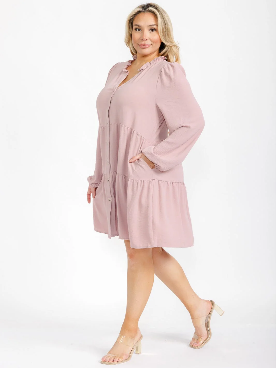 Plus Size Tiered Mauve Long Sleeve Tunic Dress - H42935