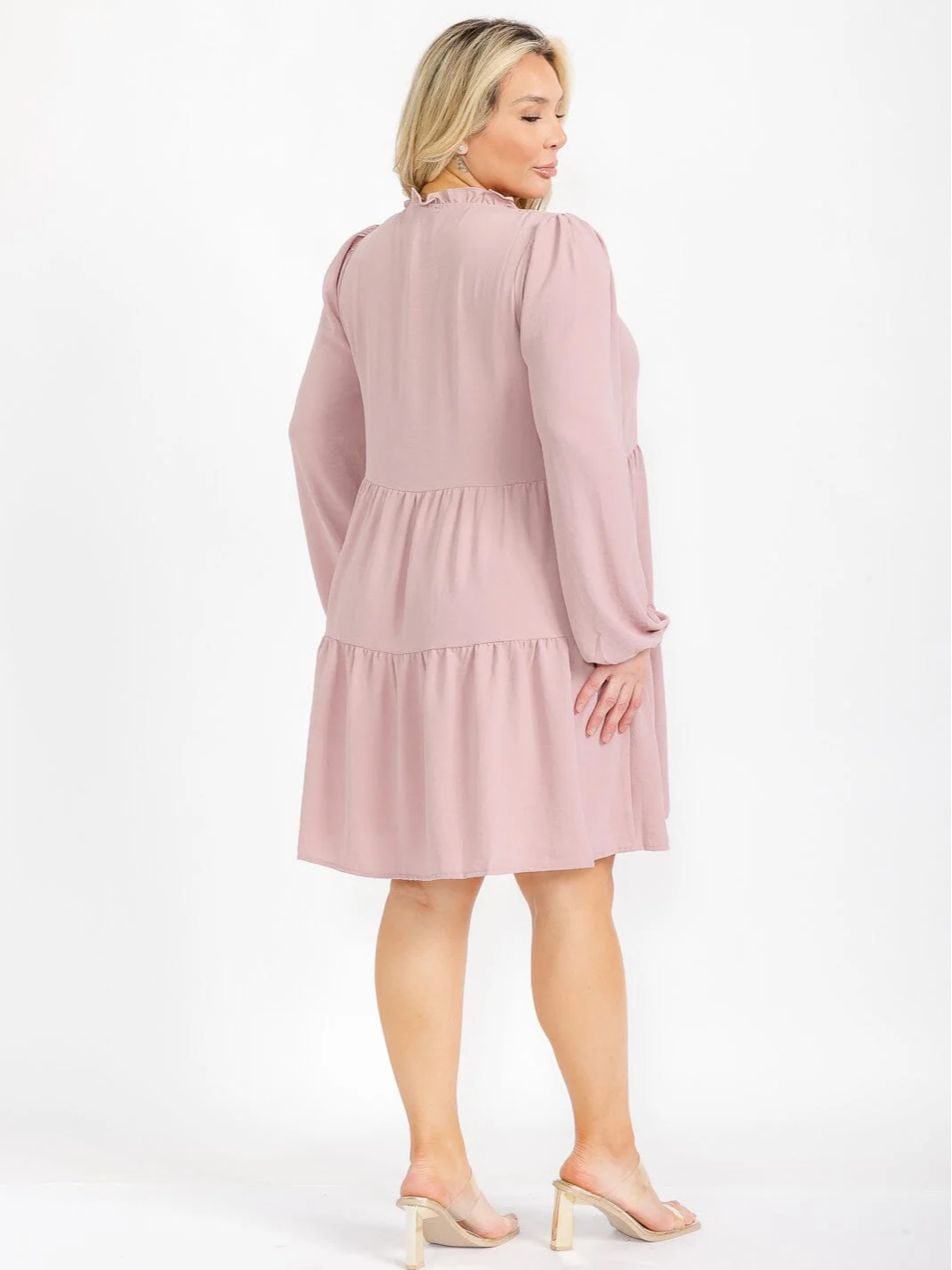 Plus Size Tiered Mauve Long Sleeve Tunic Dress - H42935