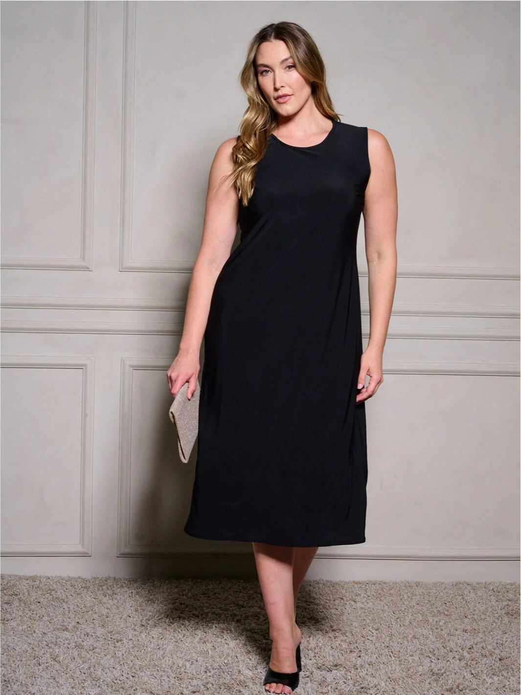 Plus Size Black Sleeveless Midi Dress - VL5814