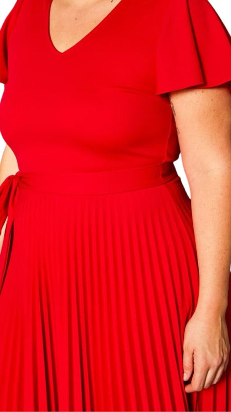 Plus Size Red Pleated Dress - 2719