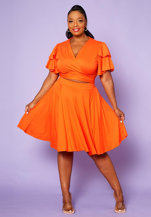 Plus Size Orange Matching Skirt Set - 2830
