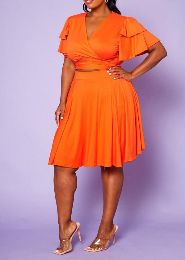 Plus Size Orange Matching Skirt Set - 2830