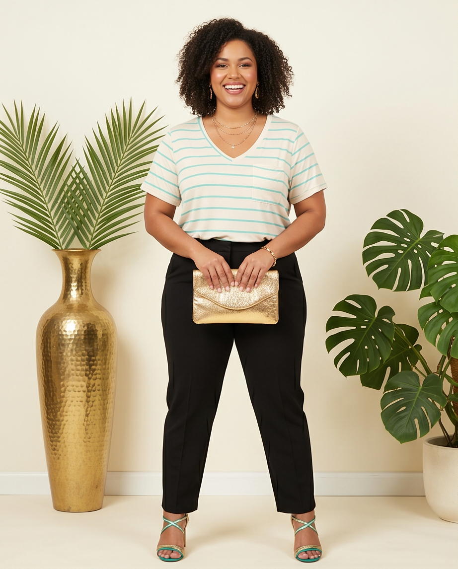 Plus Size Striped Green Cotton Blouse