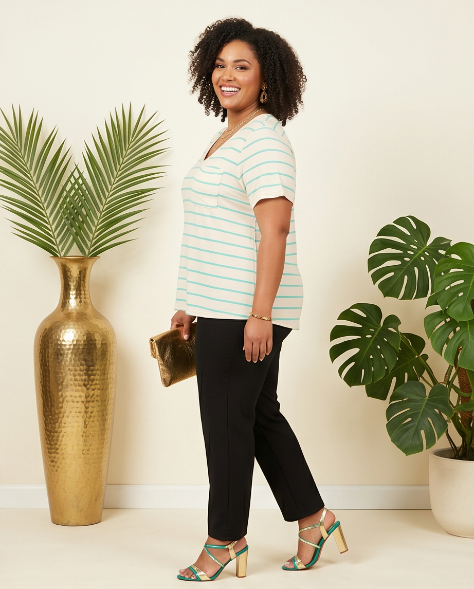 Plus Size Striped Green Cotton Blouse