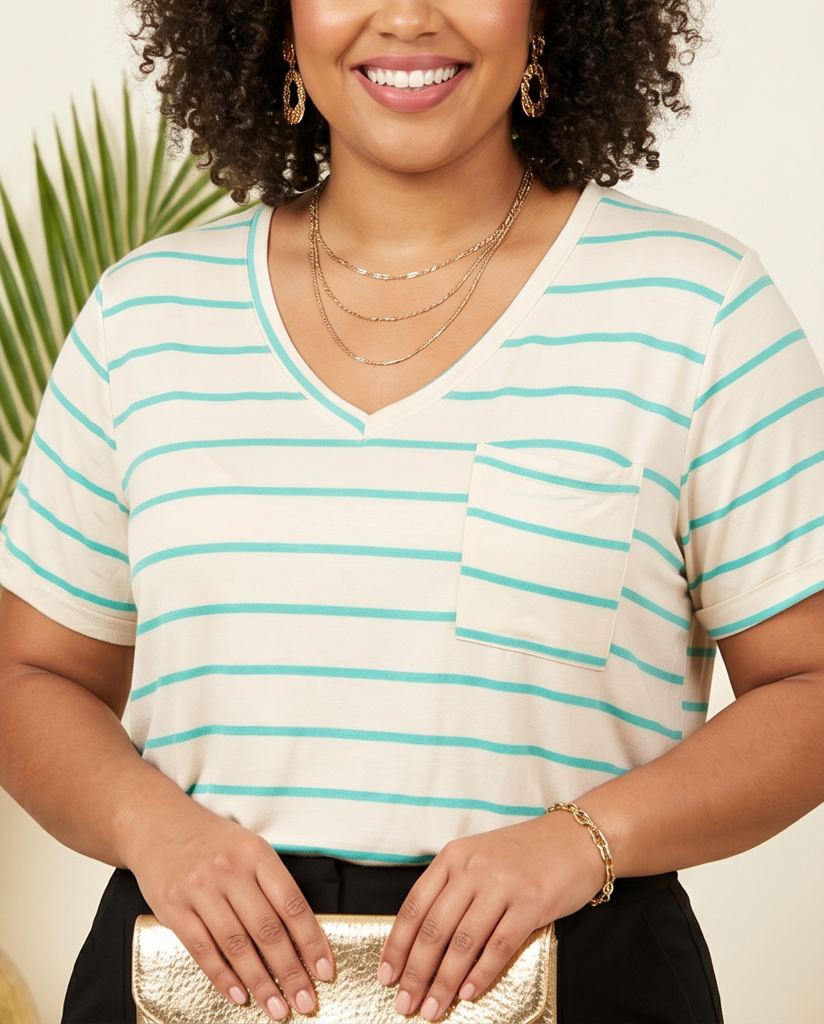 Plus Size Striped Green Cotton Blouse