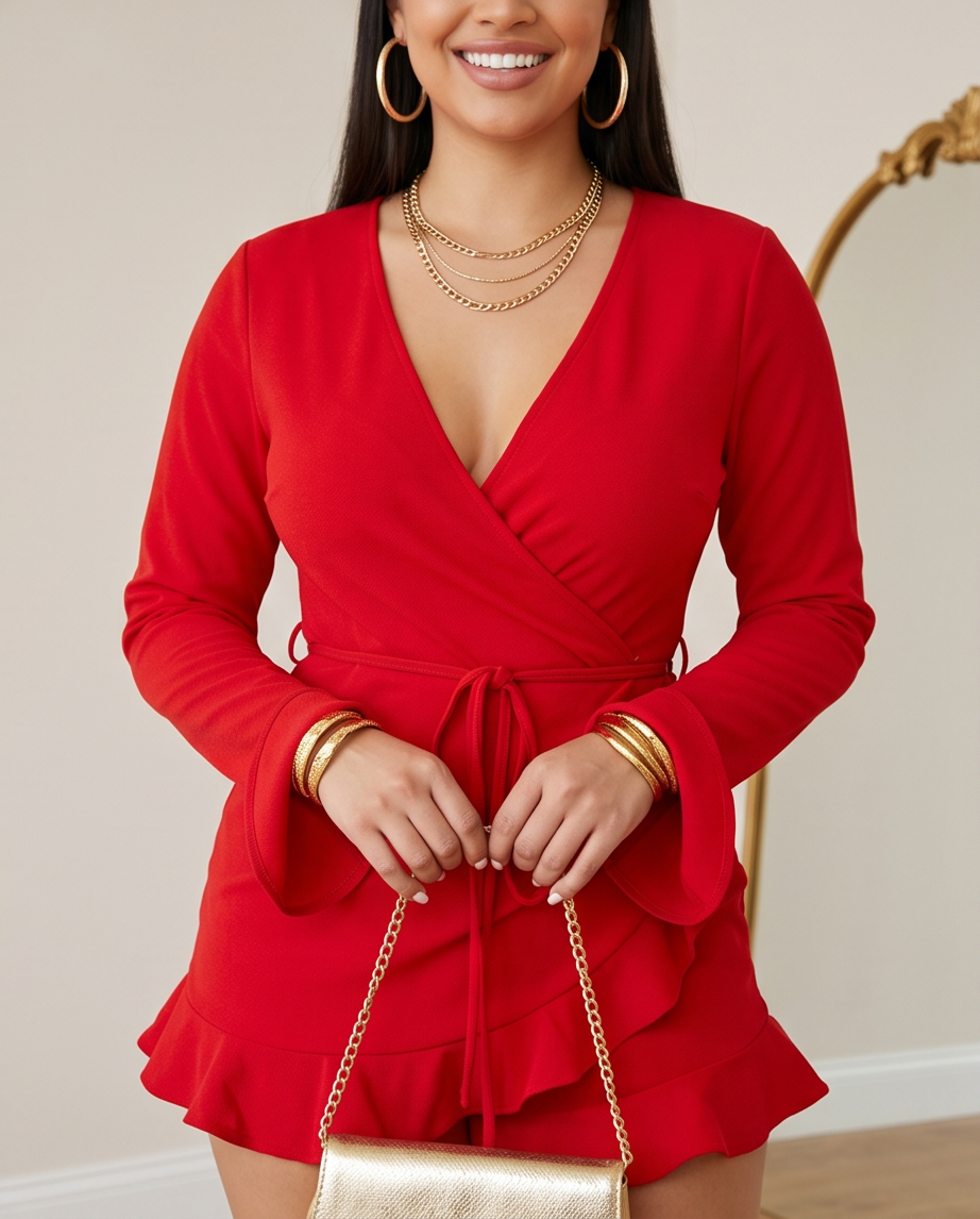 Red Ruffle Long Sleeve Jumpsuit