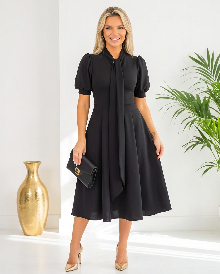 Black Tie Neck Skater Dress