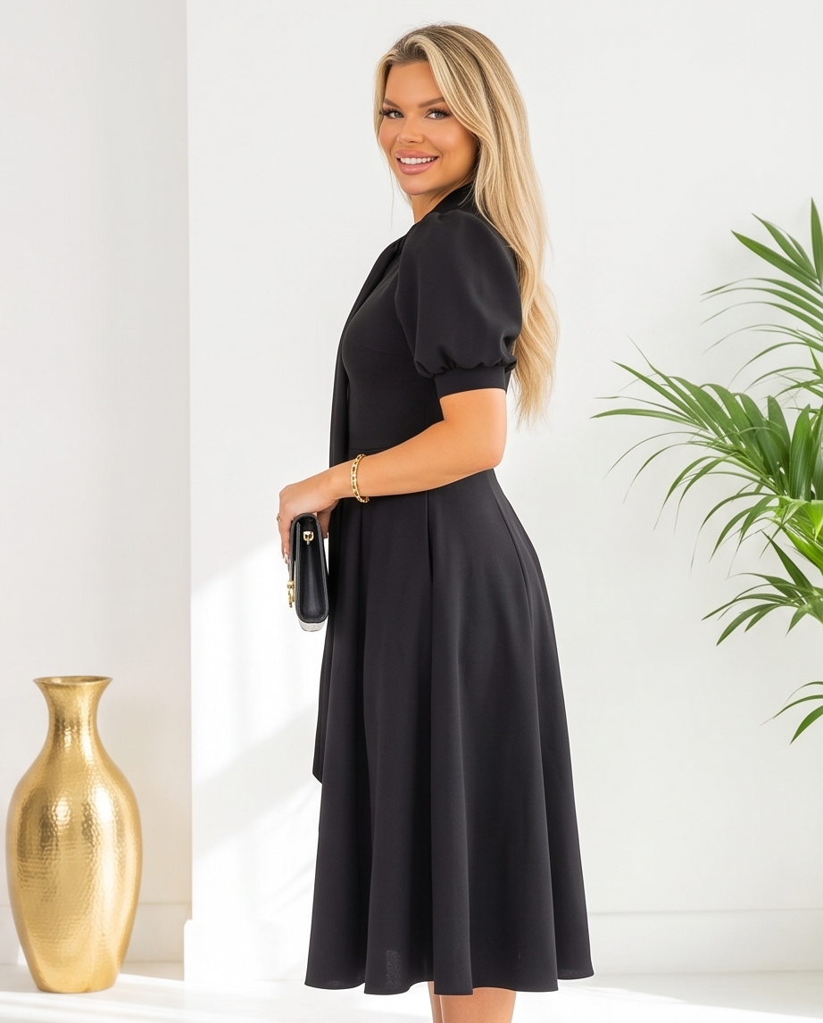 Black Tie Neck Skater Dress