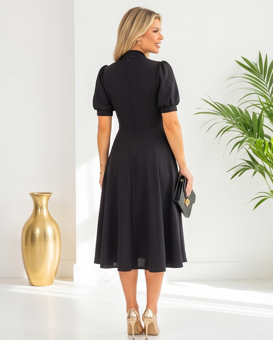 Black Tie Neck Skater Dress
