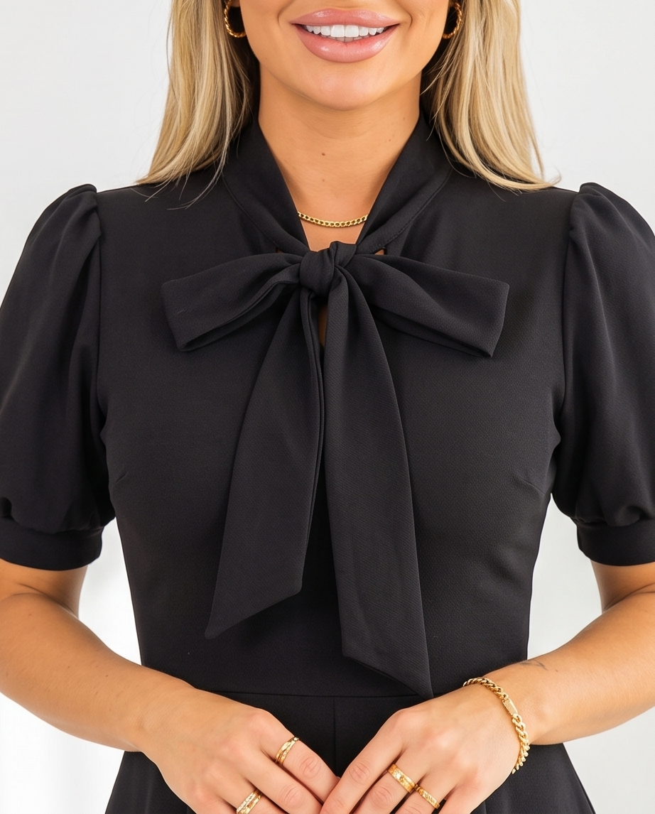 Black Tie Neck Skater Dress