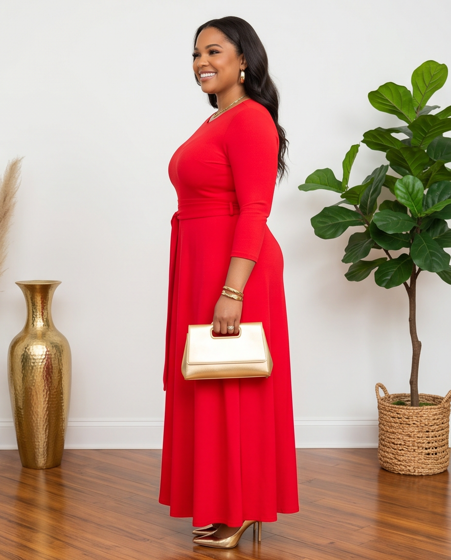 Red Belted Maxi Dress