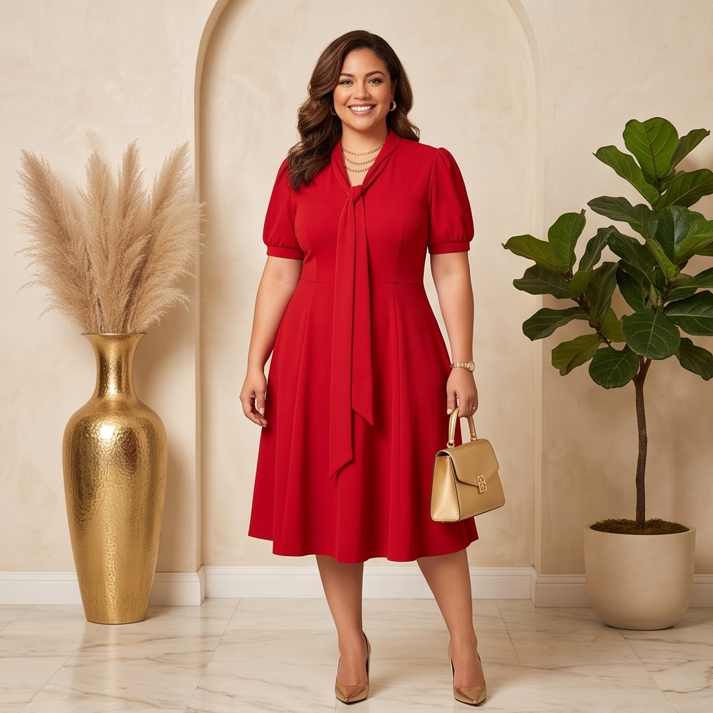 Reg/Plus Red Tie Neck A Line Dress