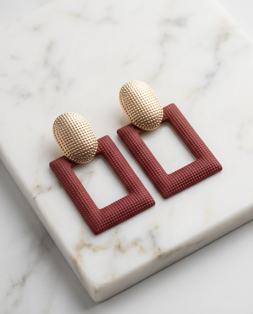 Gold And Burgundy Boxy Earring