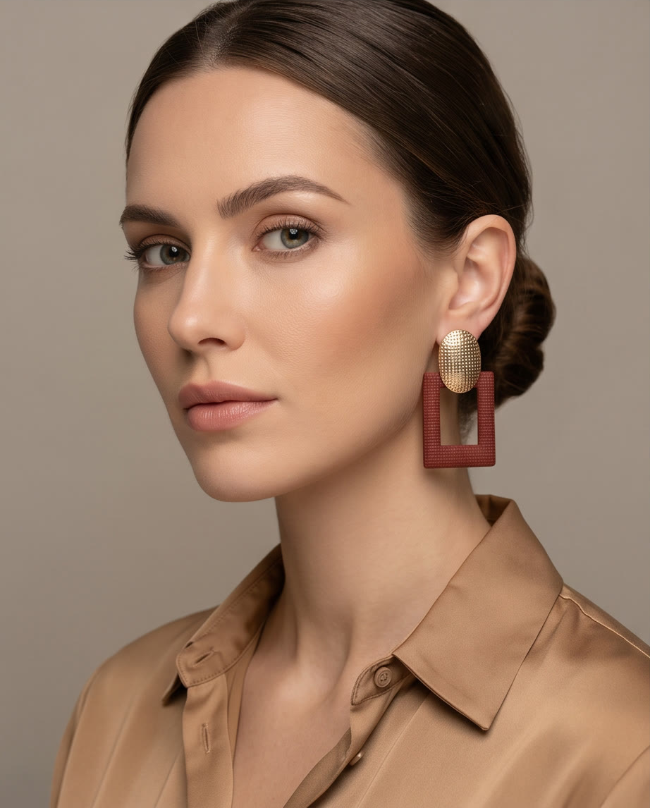 Gold And Burgundy Boxy Earring