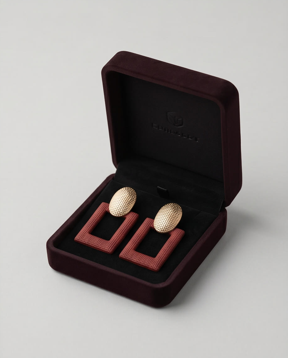 Gold And Burgundy Boxy Earring