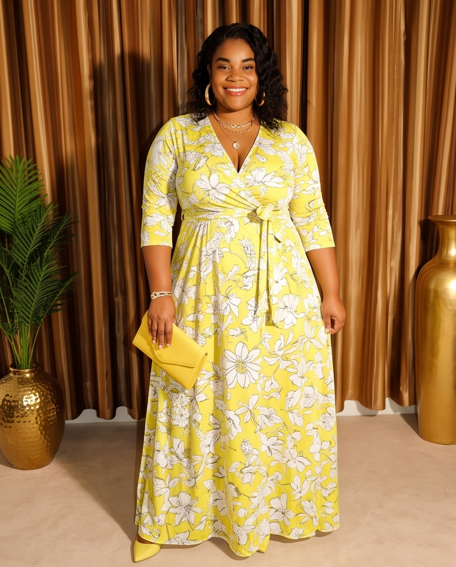 Plus Size Yellow Floral Wrap Maxi Dress