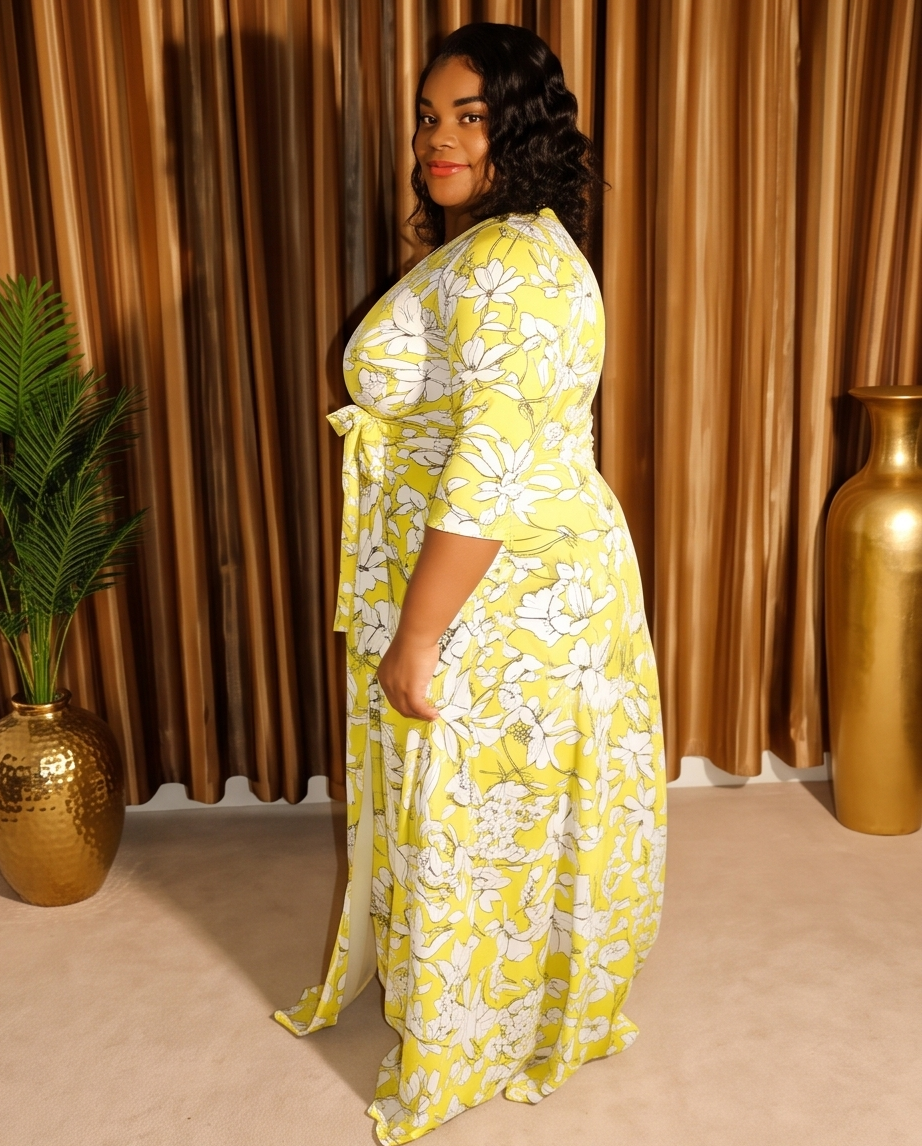 Plus Size Yellow Floral Wrap Maxi Dress