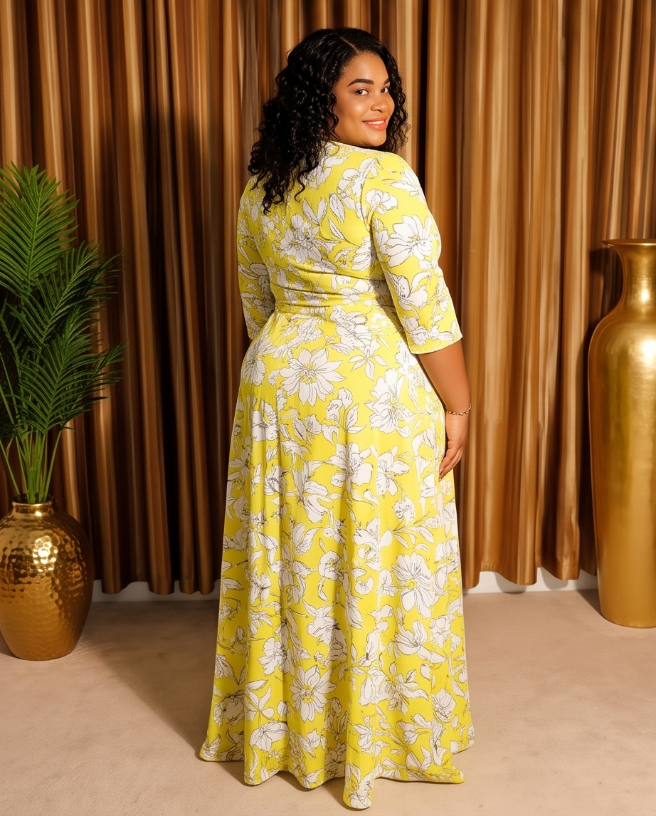 Plus Size Yellow Floral Wrap Maxi Dress