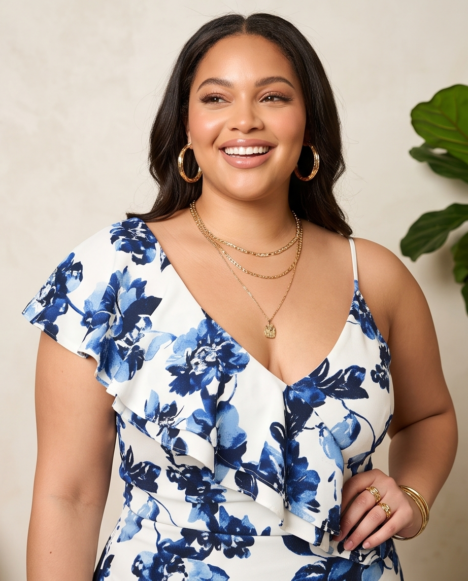 Plus Size Blue Floral Midi Ruffle Dress