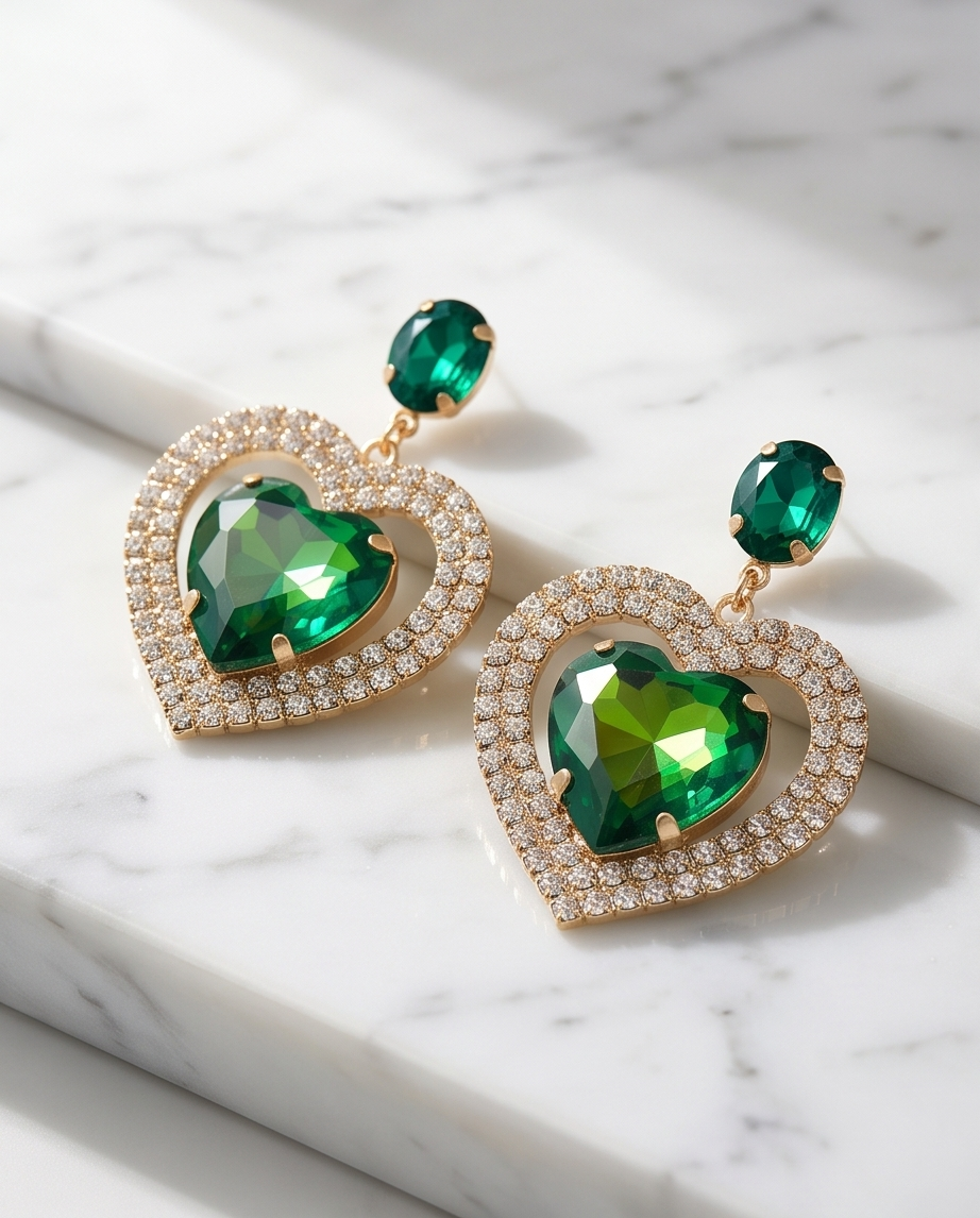 Green Heart & Diamonds Earrings