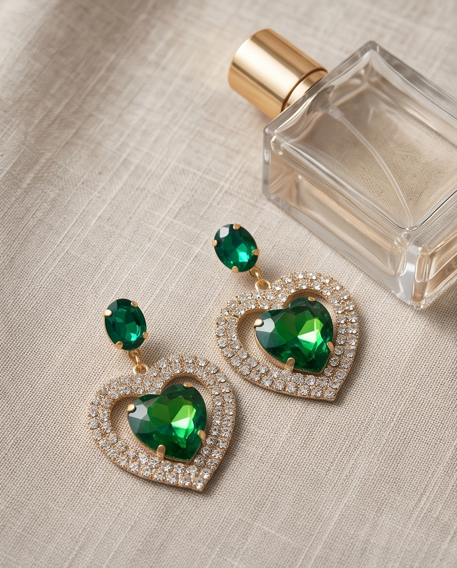 Green Heart & Diamonds Earrings