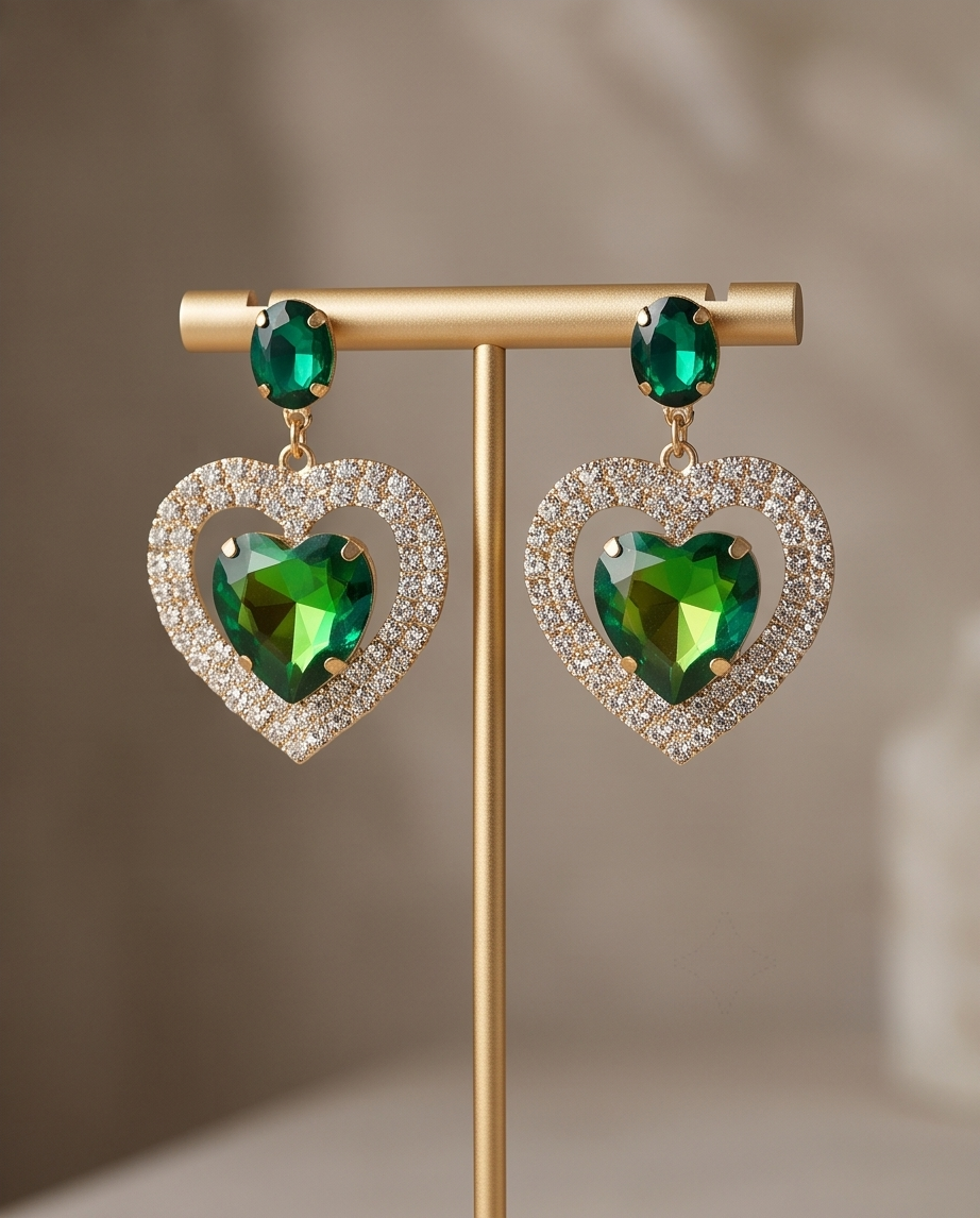 Green Heart & Diamonds Earrings