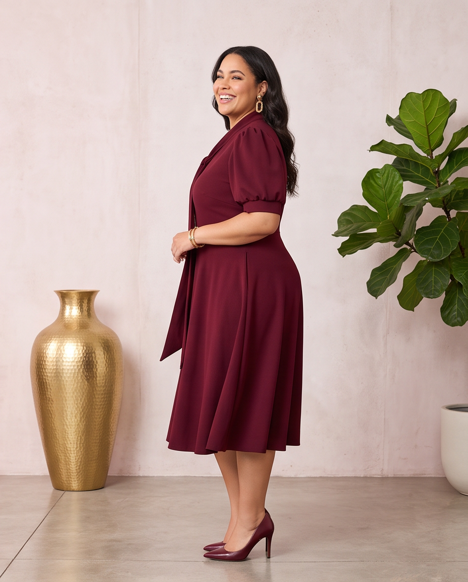 Plus Size Burgundy Tie Neck Dress