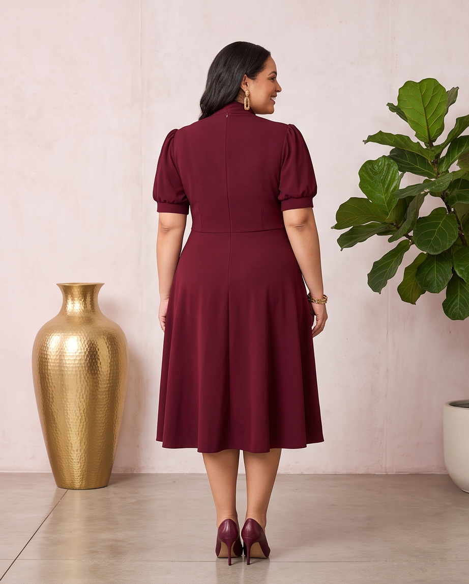 Plus Size Burgundy Tie Neck Dress