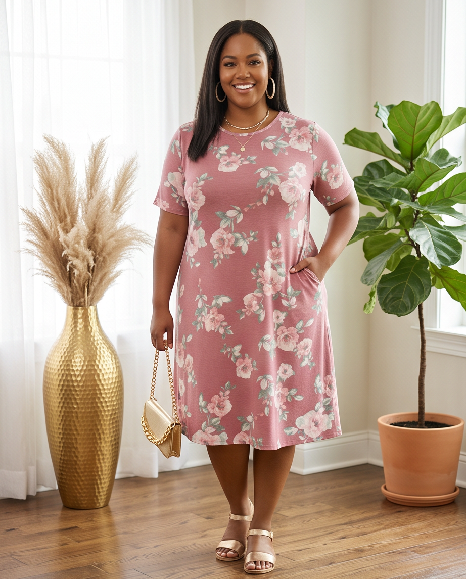 Plus Size Mauve Cotton Casual Dress